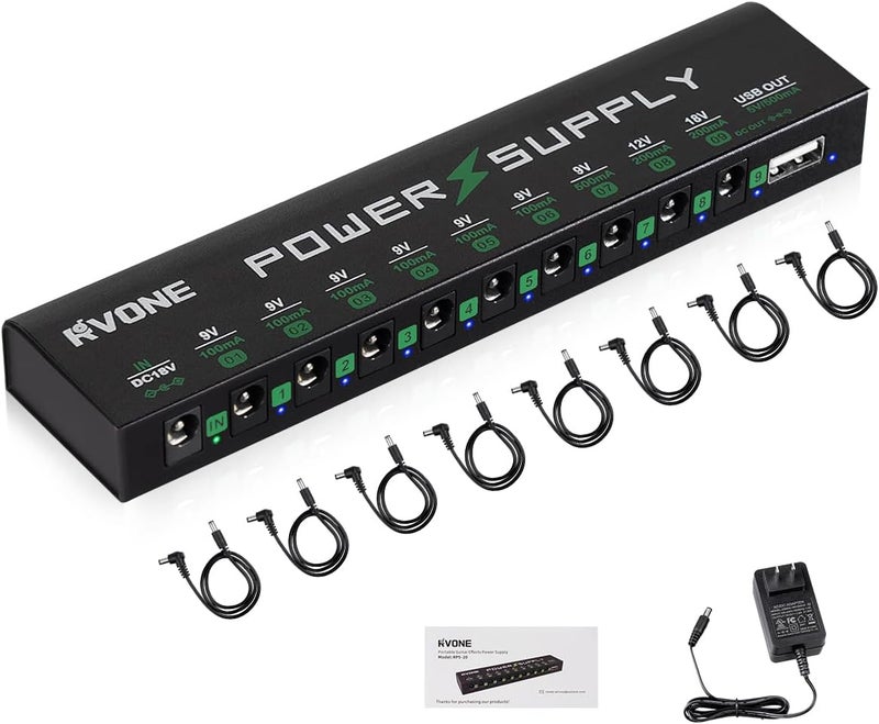 RVONE Guitar Pedal Power Supply, 10 Isolated DC Output for 9V/12V/18V Effect Pedal, Circuit Protection, Noise Reduction, 100mA 500mA USB Pedalboard Power Supply - Image 1